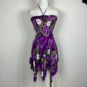 Y2K Aloha Dress Womens Medium Purple Floral Hawaiian Sundress Fairy Tropical
